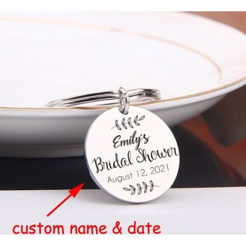 Stainless Steel Fashion Custom Name Date Trendy Charm Keychain, Three-color Optional Round Keychain Engraving: XX Bridal Shower