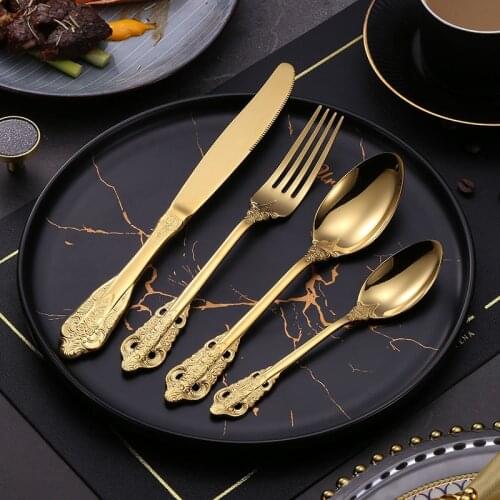 24Pcs Stainless Steel Black Cutlery Set Gold Dinnerware Tableware Silverware Dinner Knife Fork Drop Shipping