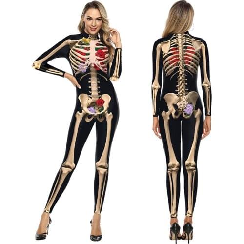 2021 New Scary Rose Human Skull Digital Printing Cosplay Costume Sexy Slim Jumpsuit Scary Ghost Halloween Costume