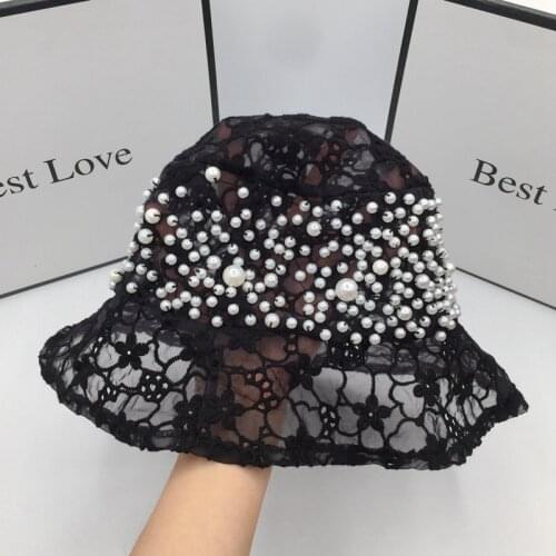 Summer bucket hat for women industries pearl lace dome basin wide brim hat topi homburg ultra thin and light