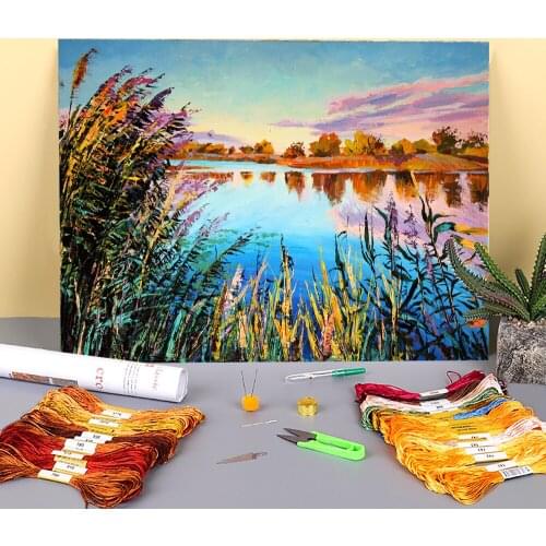 Landscape Scirpus Printed Canvas 11CT Cross Stitch Set DIY Embroidery DMC Threads Sewing Needlework Handiwork Hobby Counted