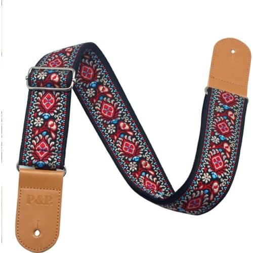 Guitar Strap Embroidered Belt Adjustable Vintage Jacquard Band with Leather End for Bass Acoustic Guitar Musical Instrument