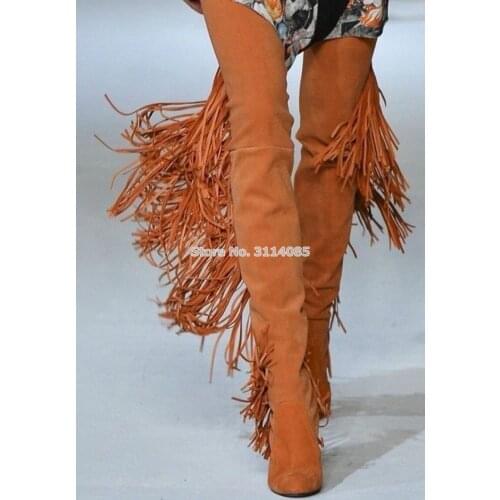 Women Luxurious Brown Suede Chunky Heel Over-the-knee Fringe Boots Sexy Tassel Thigh High Tall Boots Long Boots Dress Shoes