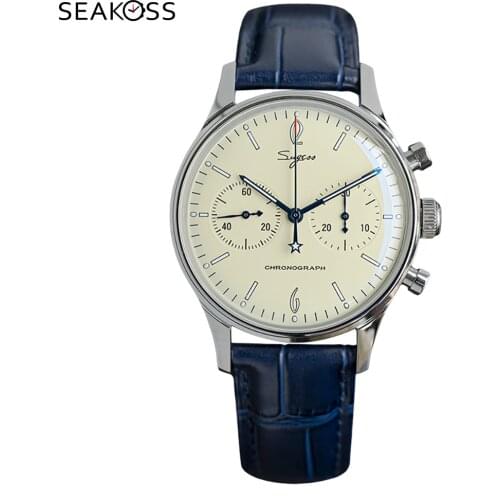 SEAKOSS 40mm Chronograph Watch Men St1901 Seagull Movement 3D Dome Hardlex Pilots Mens Military Mechanical Chrono Wristwatches