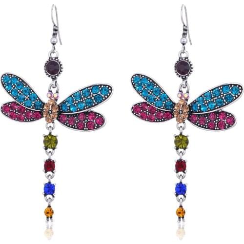 Handmade Cute Animal Dragonfly Dangler Earrings Vintage Blue Crystal Statement Drop Earrings for Women Fashion Ear Jewelry