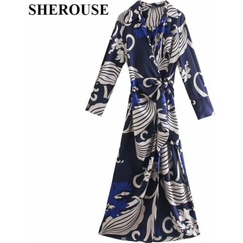 SHEROUSE 2021 Vintage Women Printed Shirt Dress Fashion Long Sleeves V-Neck Chic Lady Woman Slit Midi Long Dresses Robe