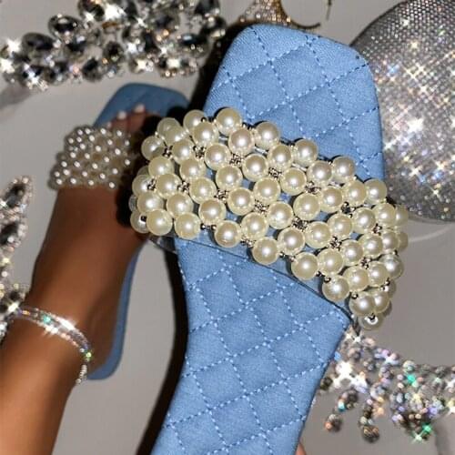 Women Pearl Slippers Square Toe Flat Comfortable Summer Sandals Slides Female Fashion Trend Plus Size Casual Beach Shoes