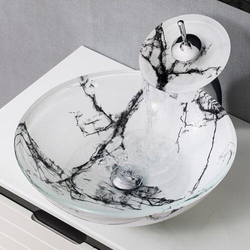 Bathroom Sink Washbasin Tempered Glass Hand Painted Waterfall Spout Basin White Tap Bath Brass Set Faucet Mixer Taps White