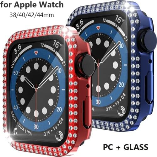 Glass Screen Protecor for Apple Watch Case 38mm 40mm 42mm 44mm Bling Cover Dual Rhinestone Bumper Protective Frame Case Blue Red