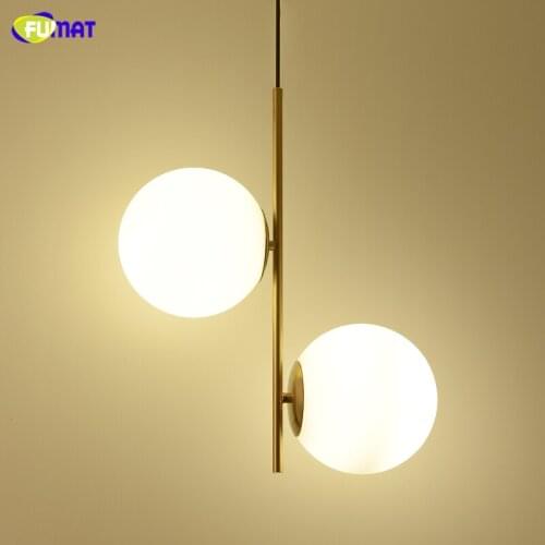 FUMAT Nordic 2 Light Led Pendant Light Rod Pendant Lamp For Dining Room Lustre Plate Gold Glass Ball Hanging Lamp Indoor Decor