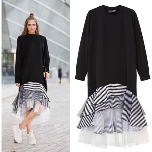 TWOTWINSTYLE 2020 Women Long Sleeve T Shirt Midi Dress Patchwork Stripe Mesh Ruffle Flare Asymmetrical Hem Pullover Casual
