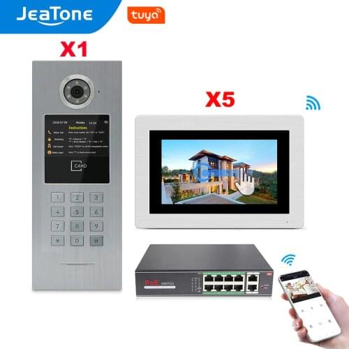 Jeatone 7'' Touch Screen WIFI IP POE Video Door Phone Intercom for 5 Apartments Access Control System Support Password/IC Cards