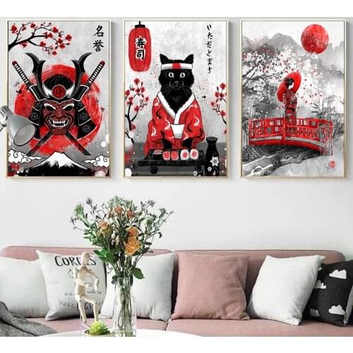 Geisha Samurai Fish Cat Japanese Posters Oil Painting On Canvas Black And Red Wall Art Poster And Prints Picture Room Decor