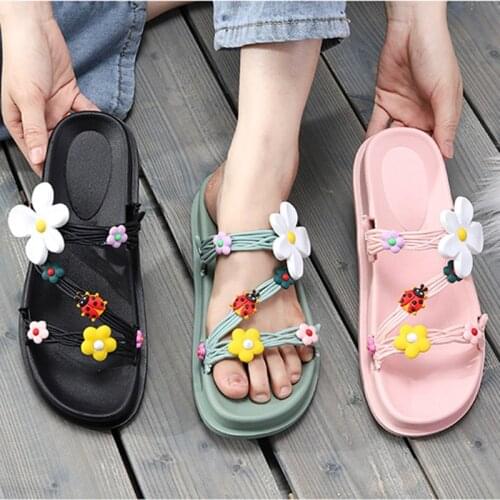 Summer New Style Bohemian Slipper Women Fashion Flower Solid Outside Low (1cm-3cm) Flat with Thick Bottom High Quality Slides