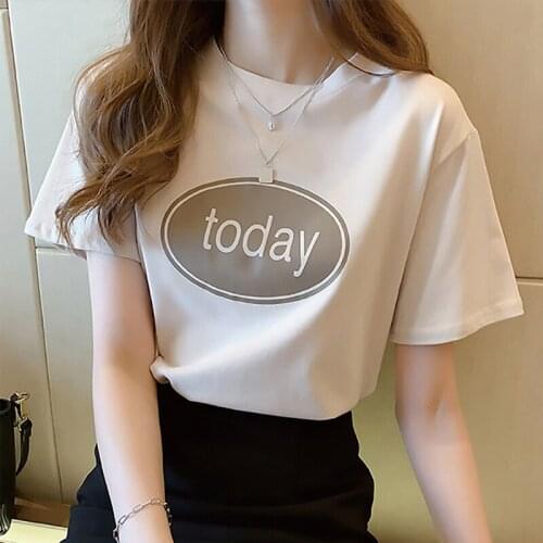 QRWR T Shirts Women 2021 Korean Fashion O Neck Casual Solid Color Tops Loose Short Sleeve Summer T Shirt With Letter Print