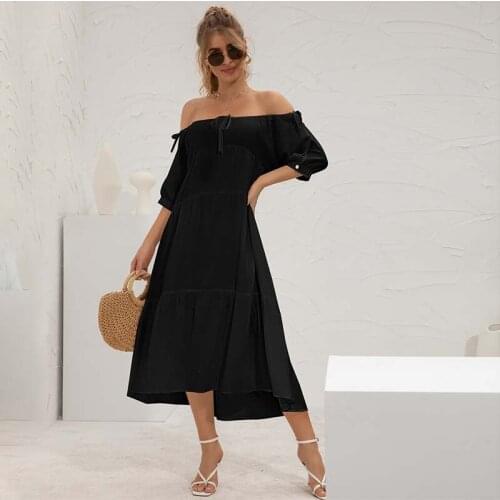 Women Solid Color Dress Slash Neck Off Shoulder Long Sleeve A Line Dresses Female Summer Folds Elegant Evening Party Dress