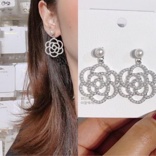 Flower Earrings for Women Dangling Pave Pearl Floral Drop Earring S925 Silver Post