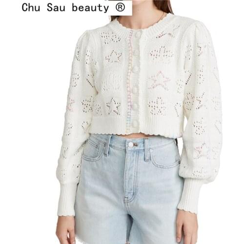 New Autumn Sweet Chic White Hollow Out Knitted Cardigan Sweater Women Fall O-neck Sweaters Female Fashion Knit Cardigans Tops