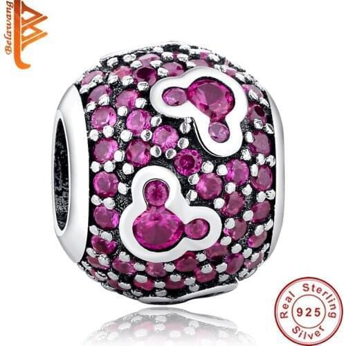 BELAWANG Lovely Genuine 925 Sterling Silver Minnie Charm Bead With Pink Clear CZ Fit Bracelet & Necklace For Women Wedding Gift
