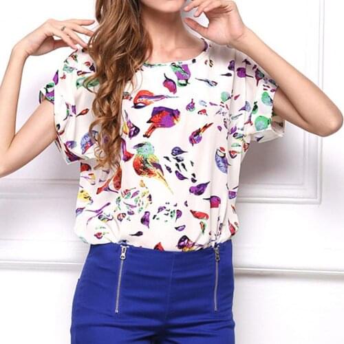 Women Summer Women Pullovers Slim-Fit Pullovers Solid Tops Bird Sword Print O Neck Short Sleeve Loose Chiffon Blouse T-shirt