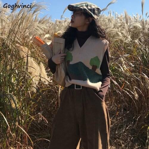 Women Knitted Sweater Vest V-Neck Lovely Printed Retro Sleeveless Loose Japanese Style Sweaters Students Autumn Fashion Stylish