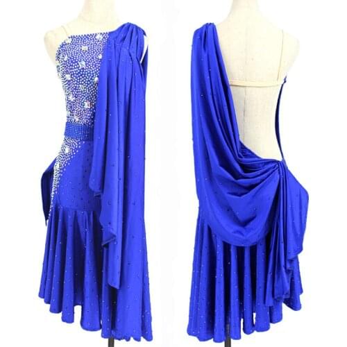 High-End Latin Dance Dress Competition Costume Party Women Royal Blue Crystal Dress Belt Suit Sexy Backless Latin Dress BL4522