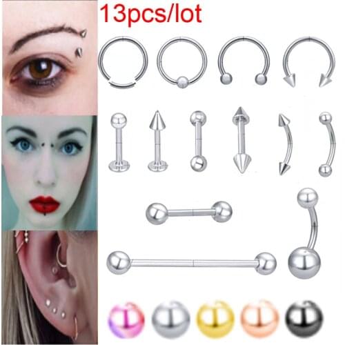 13pcs/lot Stainless Steel BCR Nose Seputm Rings Eyebrow Lip Tongue Piercing Ear Helix Cartilage Earring Navel Nipple Piercings