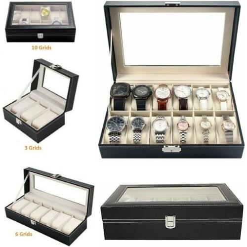 3/6/12 Faux Leather Watch Case Display Box Storage Jewellery Glass Top
