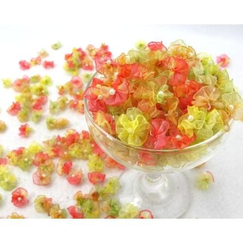 50 Pieces 5/8 Inch Chiffon Ombre Fan Shape Pearl Center Flowers|Brown and Pink Ombre|Flower Applique Decoration|Floral