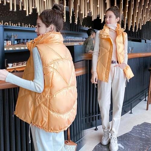 Shiny Autumn Winter Jacket Puffer Vest Women Solid Casual Ladies Bright Sleeveless Jacket Zipper Stand Collar Waistcoat Female