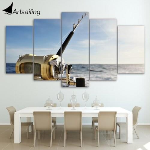 HD printed 5 piece canvas art fishing on sea Fishing rod painting wall pictures for living room modern free shipping CU-1982B