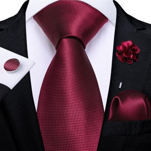 Classic Solid Dark Red Ties For Men With Brooch Pin Mens Wedding Neck Tie Pocket Square Cufflinks Gravata Gift For Men DiBanGu