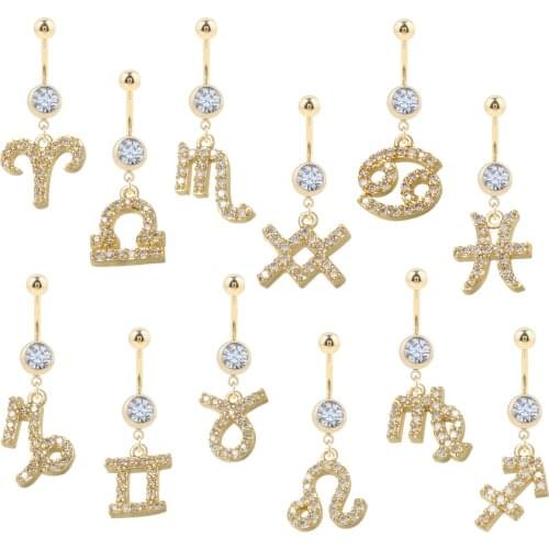 1PC Sexy Constellations Dangle Belly Bars Belly Button Rings Surgical Steel Rhinestone Body Jewelry Navel Piercing Rings