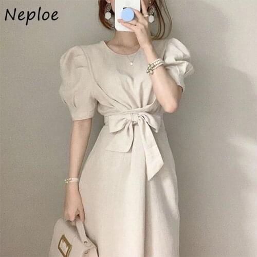 Neploe Summer Dress for Women 2021 Solid Office Ladies Puff Sleeve Korean Chic Vestidos Bow Bandage Robe Femme A-line