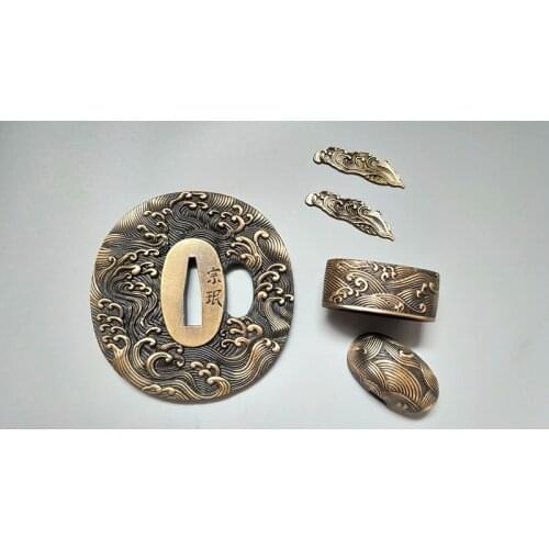 A Set Brass Make Guard The waves Tsuba Menuki/Fuchi/Kashira For Japanese Samurai Sword Katana Wakizashi Tanto Katana