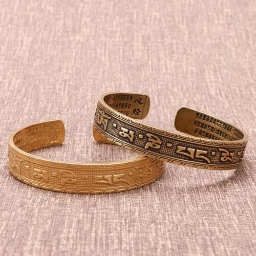 Nepal Handmade Vintage Brass Bracelet Six-word Mantra Men and Women Tibetan Buddhist Sutra Engraved Lucky Open Bangles Jewelry