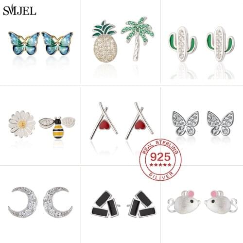 New 925 Sterling Silver Earrings for Women Crystal Pineapple Coconut Cactus Daisy Butterfly Stud Earrings Bee Jewelry Baby Gift