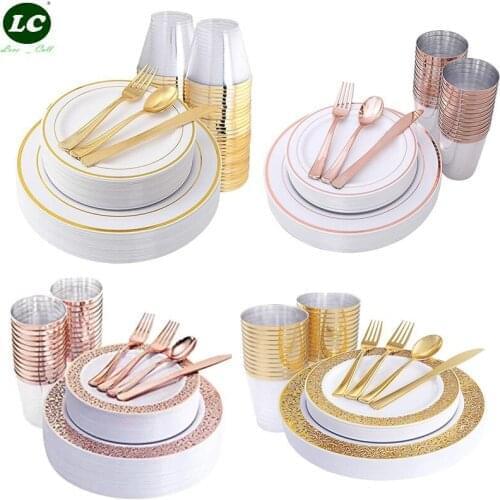 15 person Disposable Party Tableware PVC Plastic Plates Gold Plated Cup Knife and Fork Spoon Party Wedding Restaurant Supplies