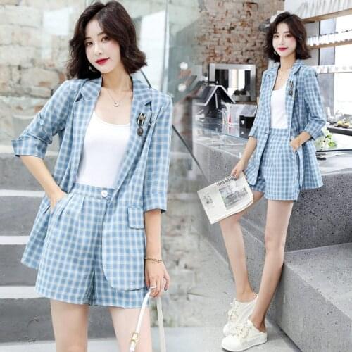 Single Button Large Size Simple Ladies Plaid Suits Summer New Female Half-sleeve Blazer Jacket And Shorts Casual Two-piece aq935