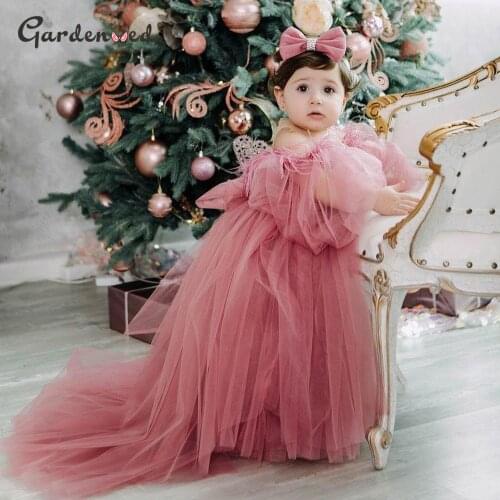 Puffy Girl Princess Dress Illusion Lantern Sleeve Boat Neck Girl Birthday Dress Feather Tulle Baby Girl Dress детские платья