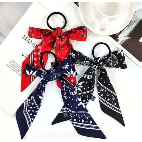 2021New Print Bow Satin Long Ribbon Ponytail Scarf Hair Tie Scrunchies Vintage Women Girls Elastic Hair Bands Hair Accessories