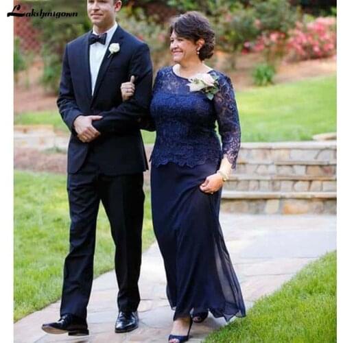 Navy Blue Chiffon Mother of the Bride Dresses Sleeves Groom Mother Gowns vestido azul marin Lace Formal Dress for Women