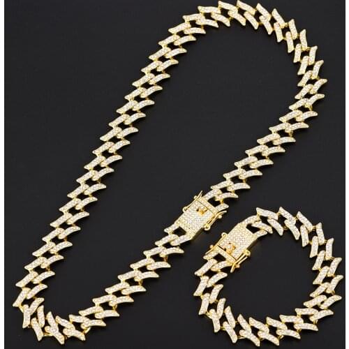 Hip Hop 15.5MM Bling Heavy Iced Out Cuban Thorns Link Chain Full AAA Crystal Pave Mens Bracelets Necklace for Men Jewelry