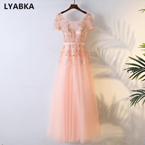 Scoop Neck Evening Dress Robe De Soiree Tulle With Appliques Evening Dresses Short Sleeve Real Photo 2019 Vestido De Festa