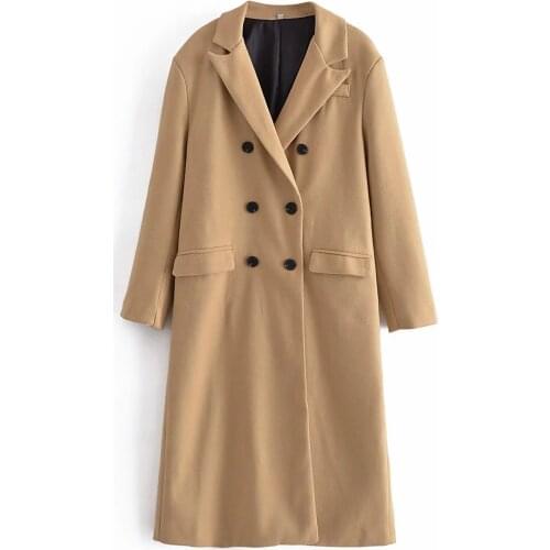 Za Women Fashion Double-breasted Straight Woolen Jacket Coat Vintage Long Sleeve Side Pockets Female Long Outerwear