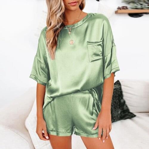 Lady Spring Summer Sleepwear 2021 New Satin Silk Women 2 Piece Set Homewear Elegant O Neck Pullover Tops Loose Shorts Home Suit
