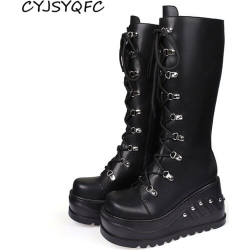CYJSYQFC Punk Gothic Style Platform Motorcycle Boots For Women Round Toe Lace Up Wedges Long Boots Rock Rivets Lady Knight Boots