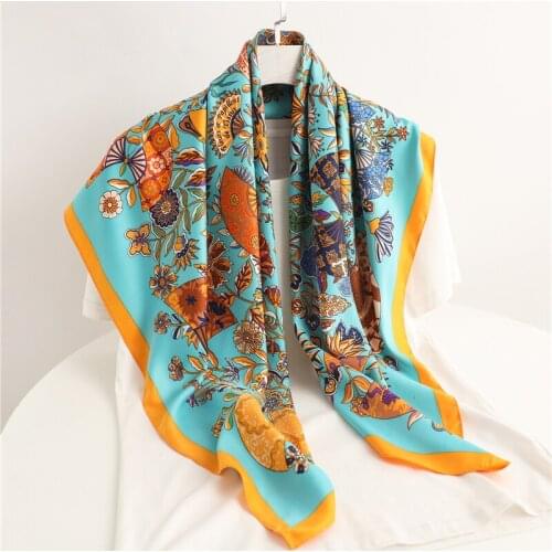 Floral Printing Square Hijab Women Twill Silk Satin Scarves Hair Tie Band Fashion Headband Handkerchief Ladies Foulard Bandana