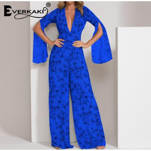 Everkaki Chiffon Leaves Print Rompers Jumpsuits Women Summer Beach Oversize Elegant Boho Jumpsuits Rompers Female 2021 Clothes