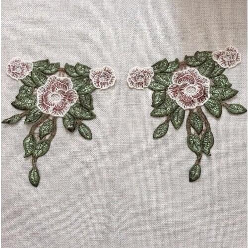 1 Pair/2 Pieces Green Coffee Mirror Pair Embroidered Floral Guipure Lace Applique Patch Sewing for Dress 15*18cm